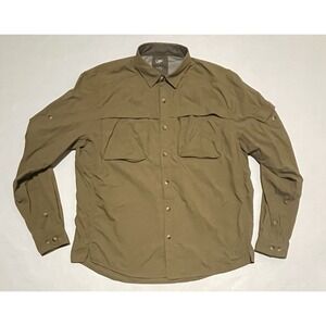 REI Shirt Mens Large Olive Brown Chest Pockets Arm Pockets Sahara Vented Nylon